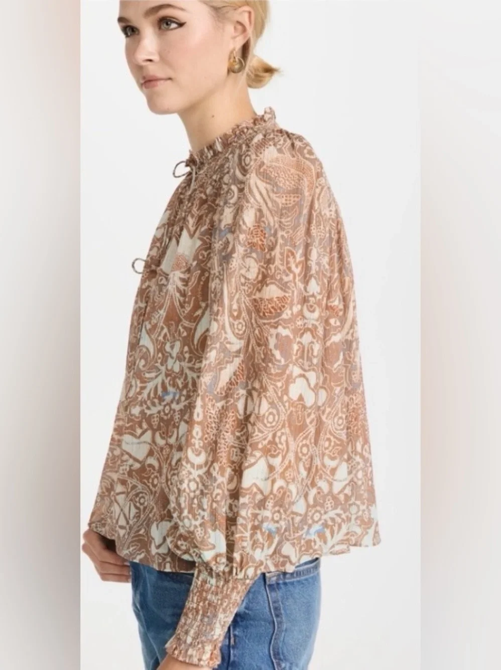 Ulla Johnson Taupe & Cream Paisley Tie-Neck Blouse